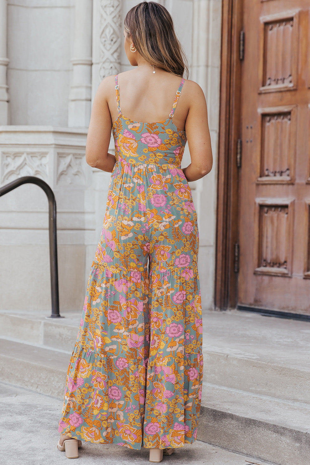 Retro 70s Floral Sleeveless V-Neck Tiered Wide Leg One Piece Pant Jumpsuit