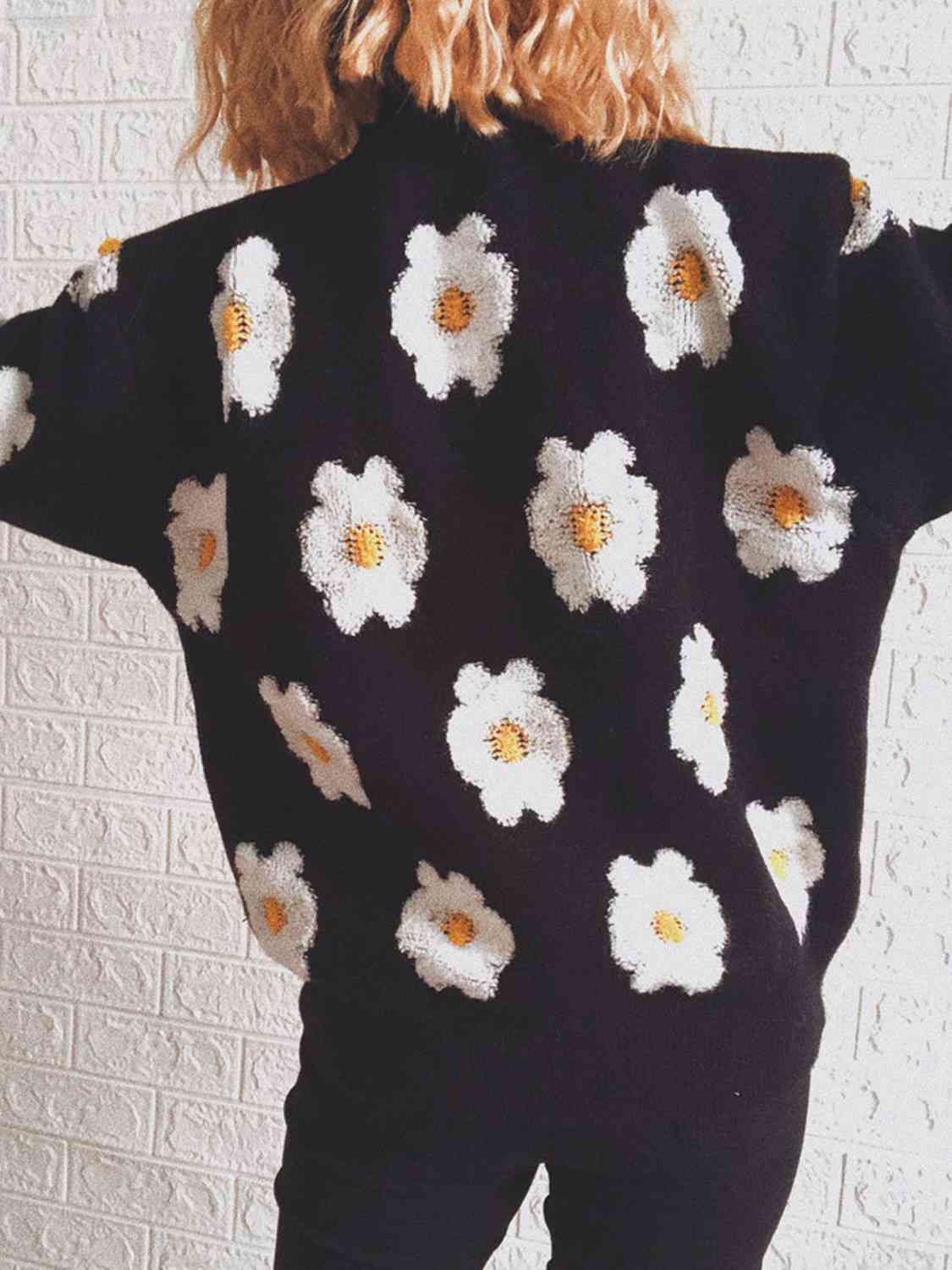 Contrasting Raised Retro Daisy Flower Pullover Long Sleeve Knit Sweater Shirt