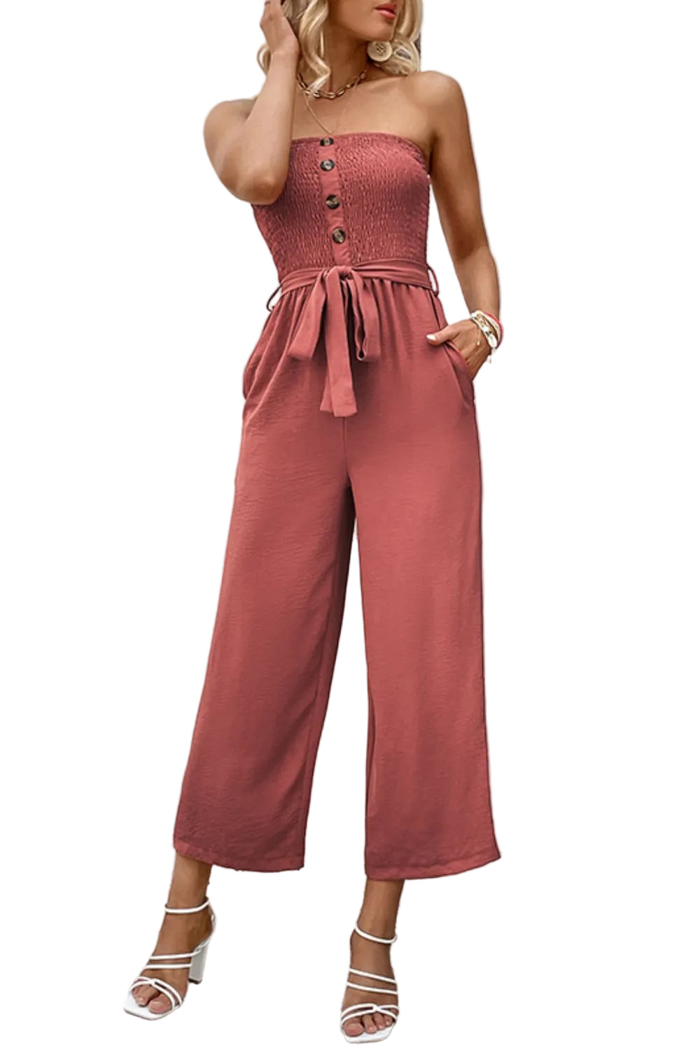 Strapless Smocked Bodice Button Belted Waist Cropped Pant Wide-Leg Jumpsuit