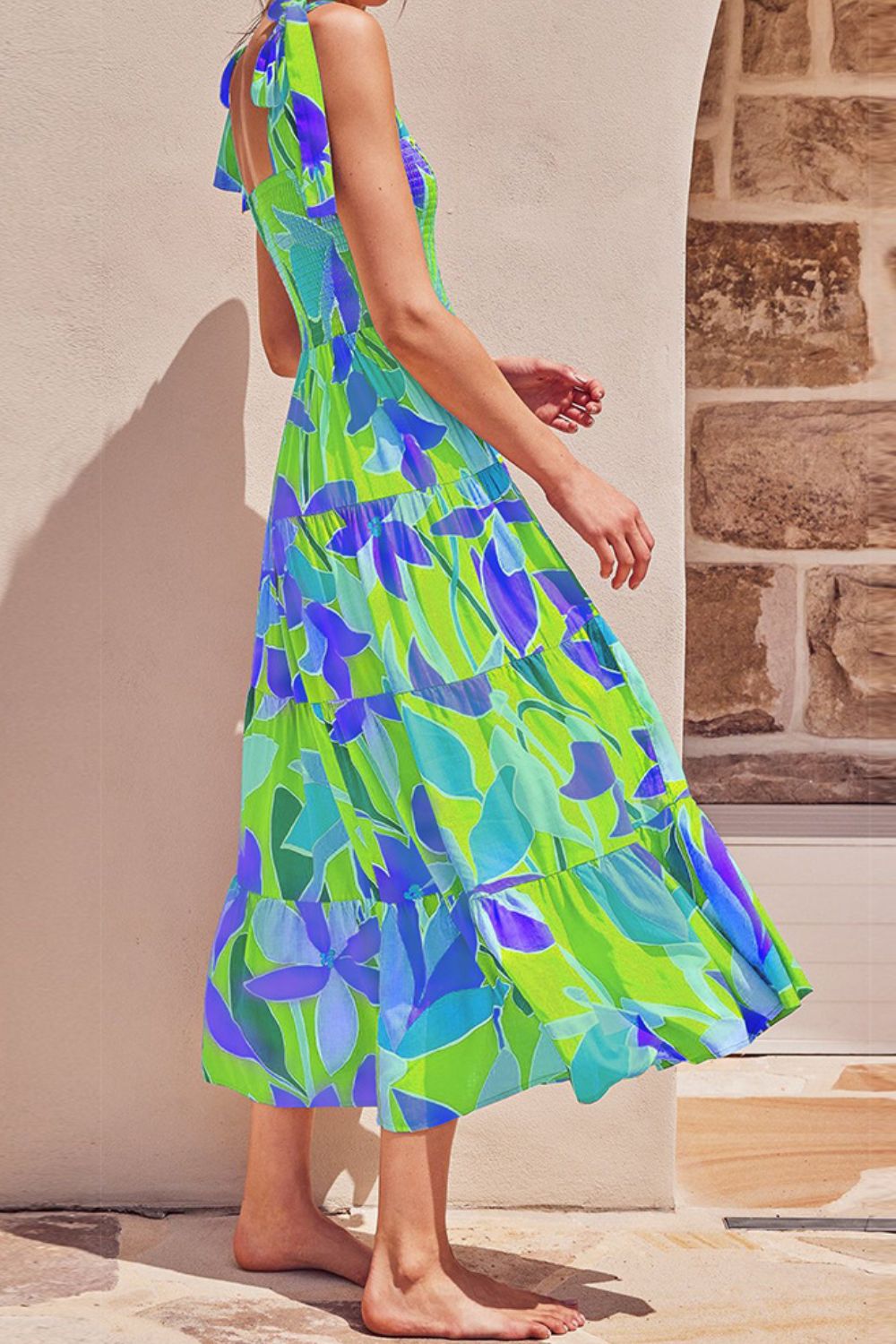 Bright Neon Floral Abstract Tie Shoulder Smocked Bodice Tiered Maxi Summer Dress Lime Green / L Bright Neon Floral Abstract Tie Shoulder Smocked Bodice Tiered Maxi Summer Dress Lime Green / L