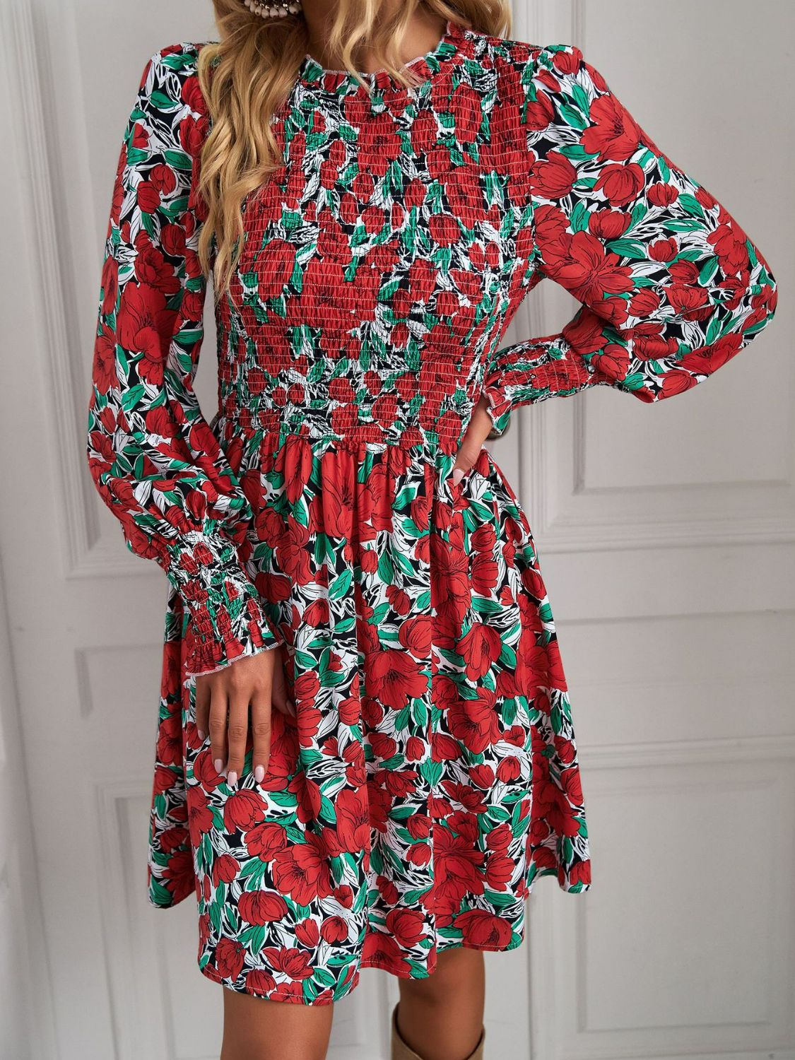 Fun Print Puff Long Sleeve Smocked Dress (4 Colors Available)