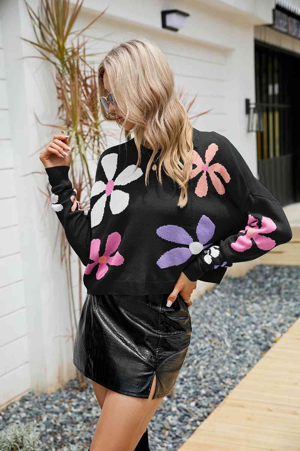 Colorful Knit Daisy Retro Flower Crop Top Long Sleeve Round Neck Sweater Shirt