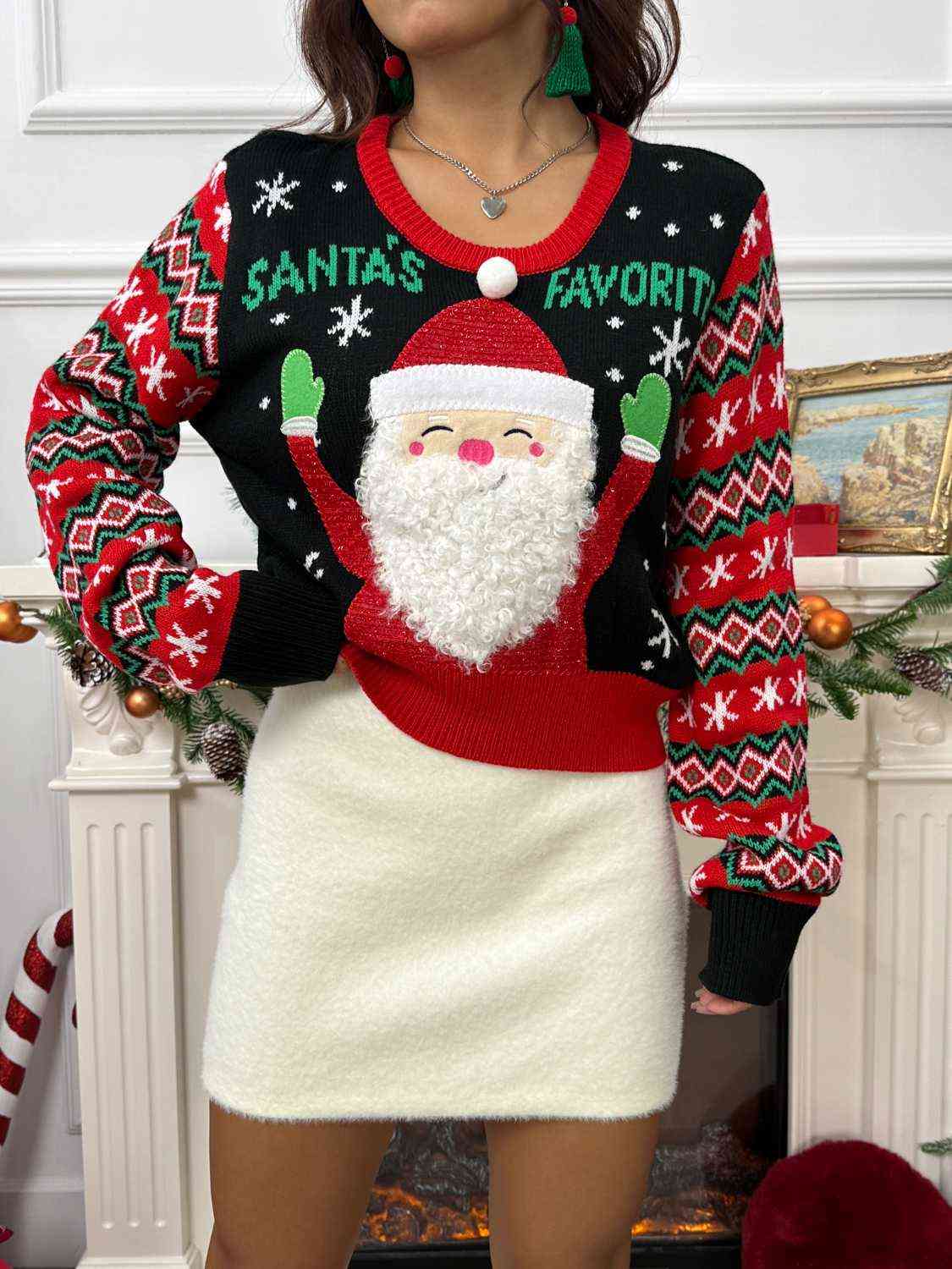 Santa's Favorite Knit Fun Fuzzy Beard Fair Isle Long Sleeve Holiday Sweater Top