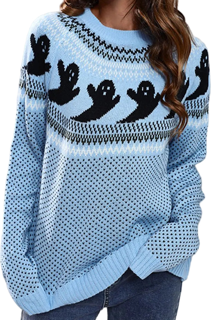 Ghost Fair Isle Nordic Crew Neck Top Long Sleeve Halloween Pullover Knit Sweater