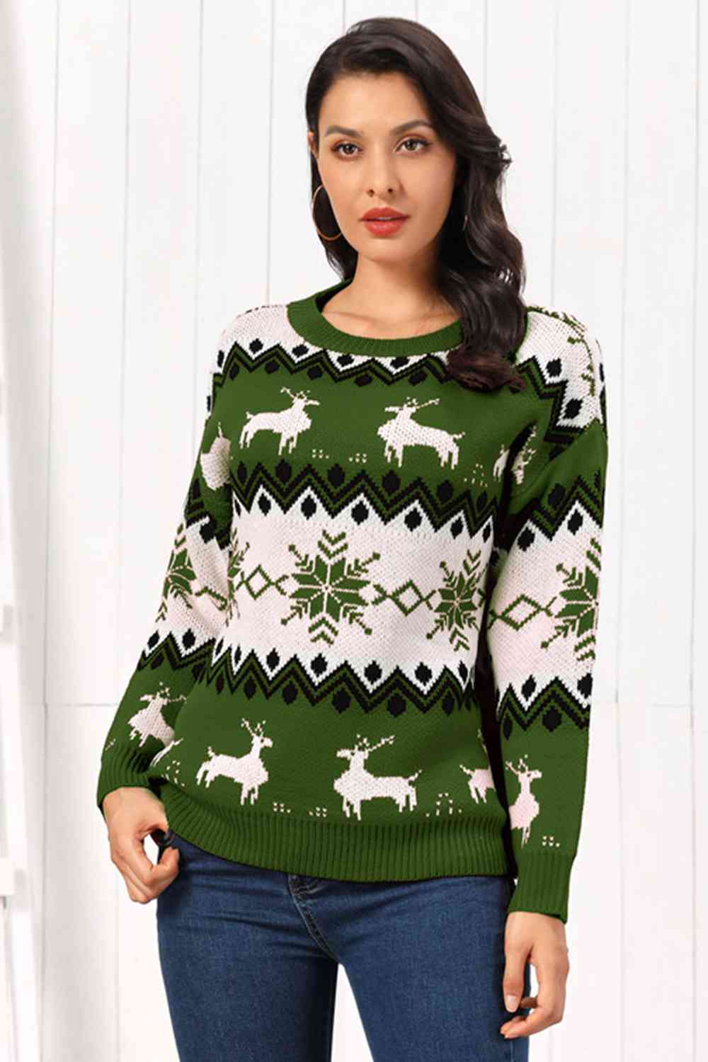 Snowflake Reindeer Fair Isle Knit Round Neck Classy Holiday Sweater Minimalist