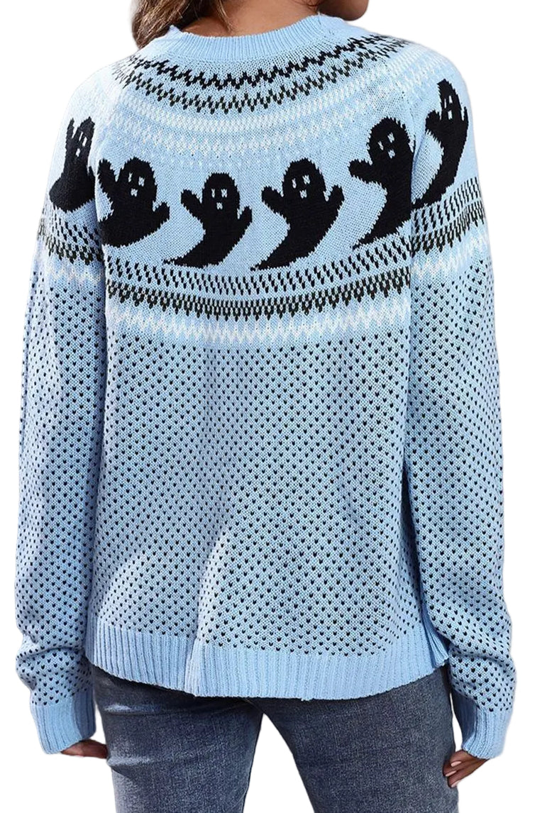 Ghost Fair Isle Nordic Crew Neck Top Long Sleeve Halloween Pullover Knit Sweater