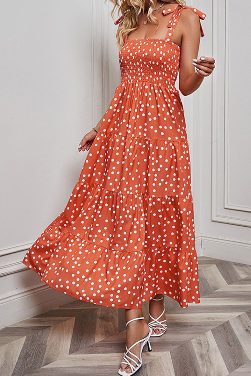 Tiered Polka Dot Smocked Bodice Classic Summer Maxi Dress