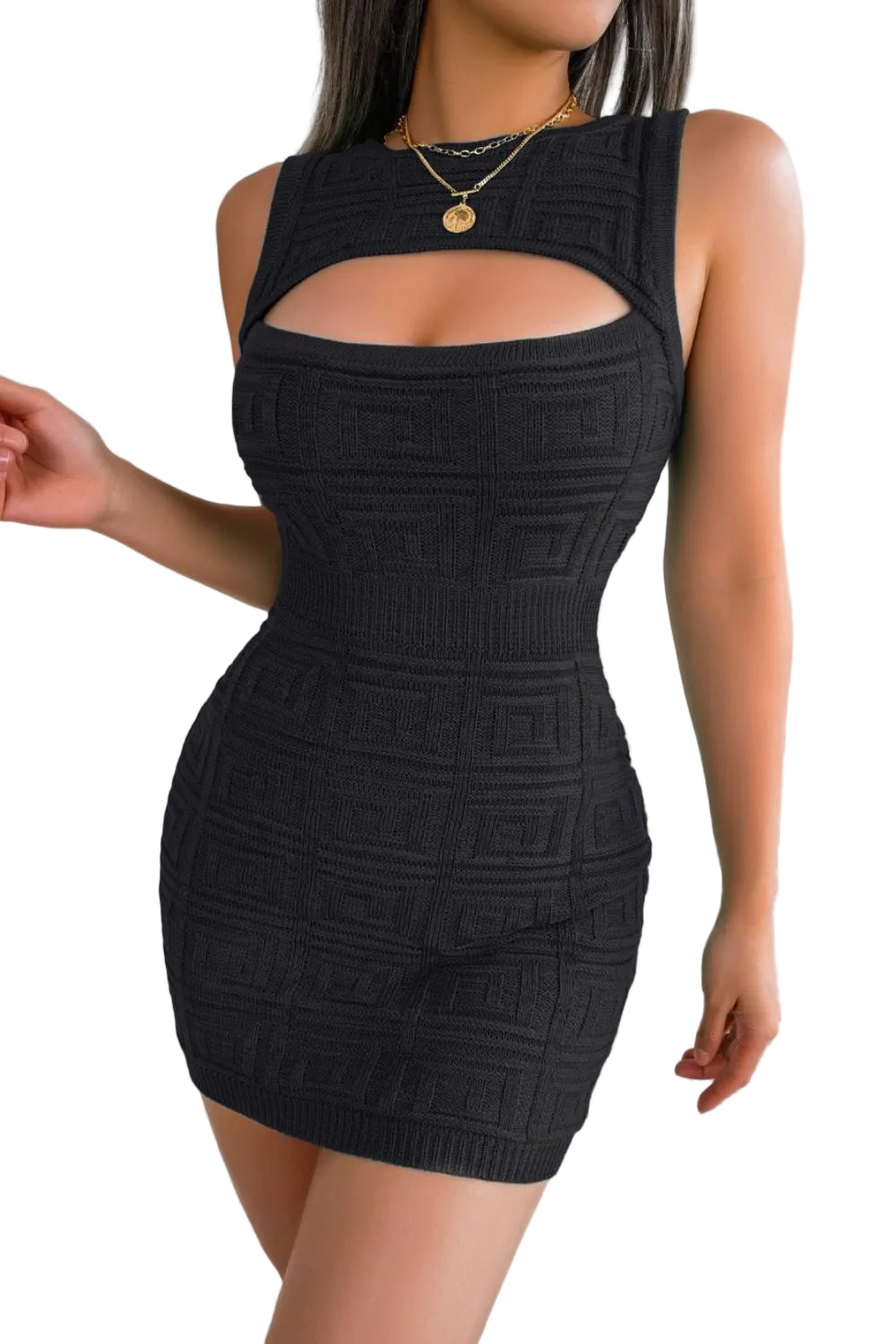 Cutout Grecian Textured Greek Key Knit Sleeveless High Neck Bodycon Mini Dress