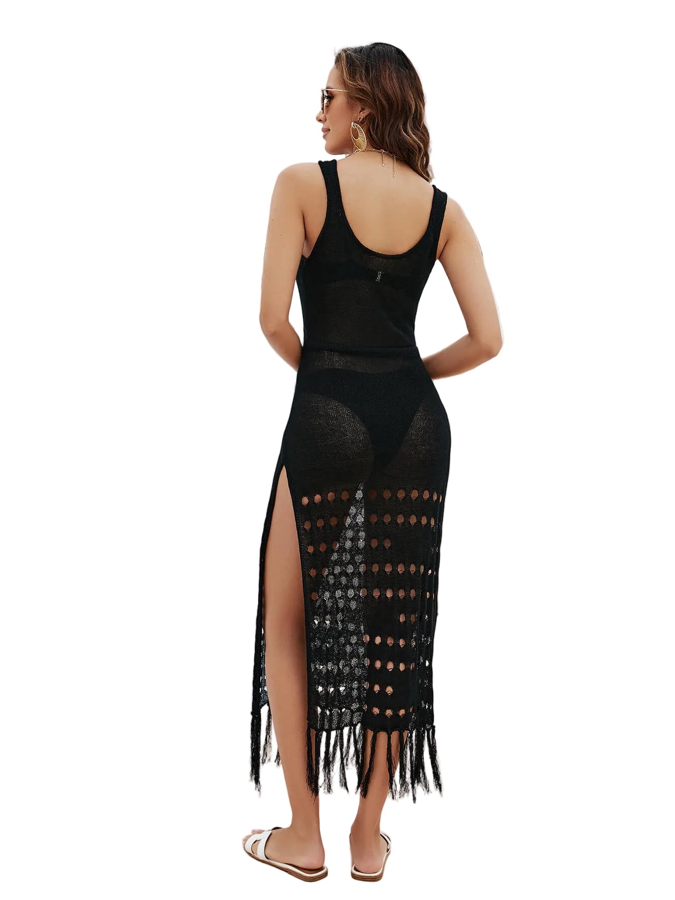 Retro Fringe Hem Open Knit Drawstring Waist Split Side Swimwear Cover-Up Dress