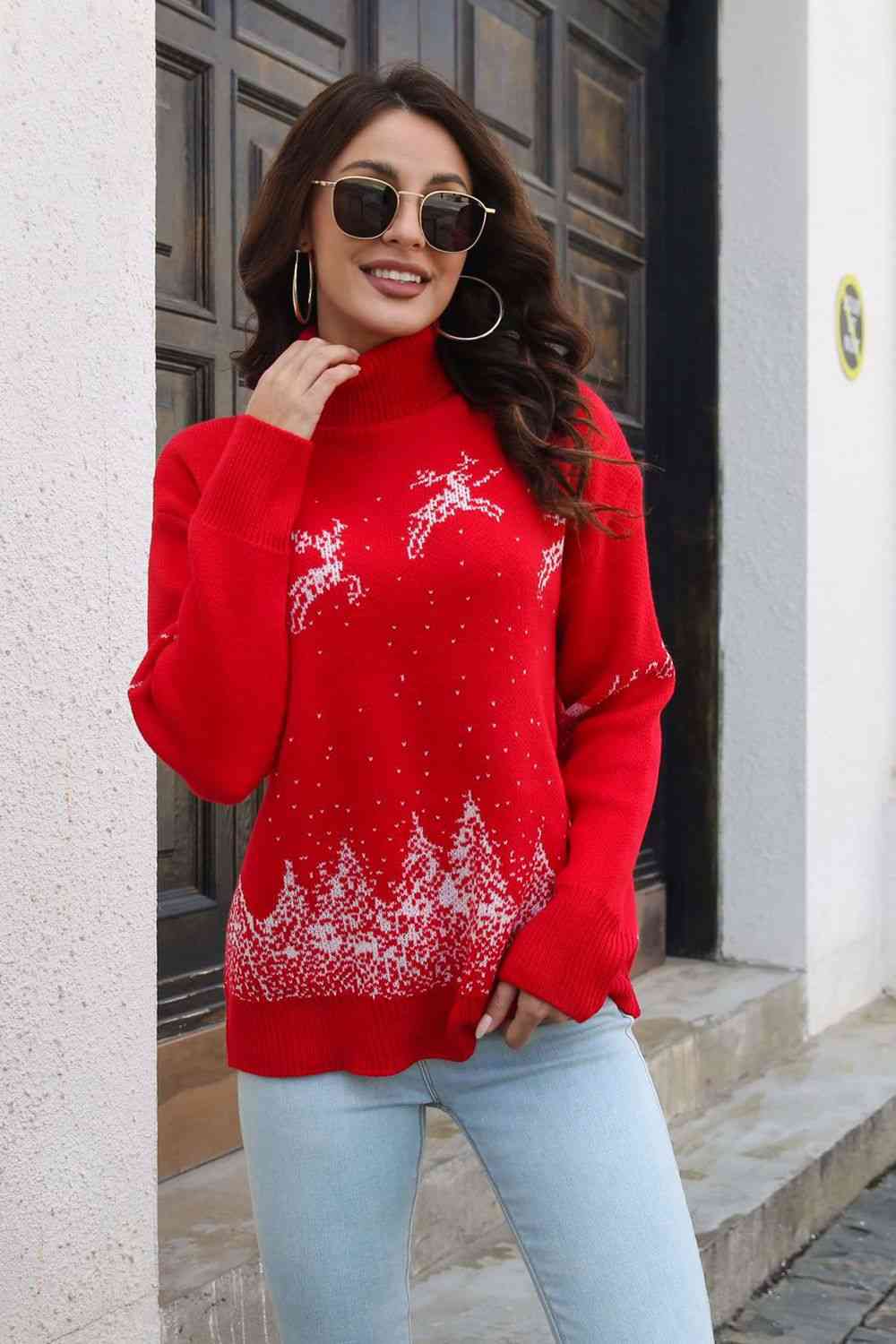 Knit Turtleneck Santa Reindeer Classy Winter Christmas Scene Chic Sweater