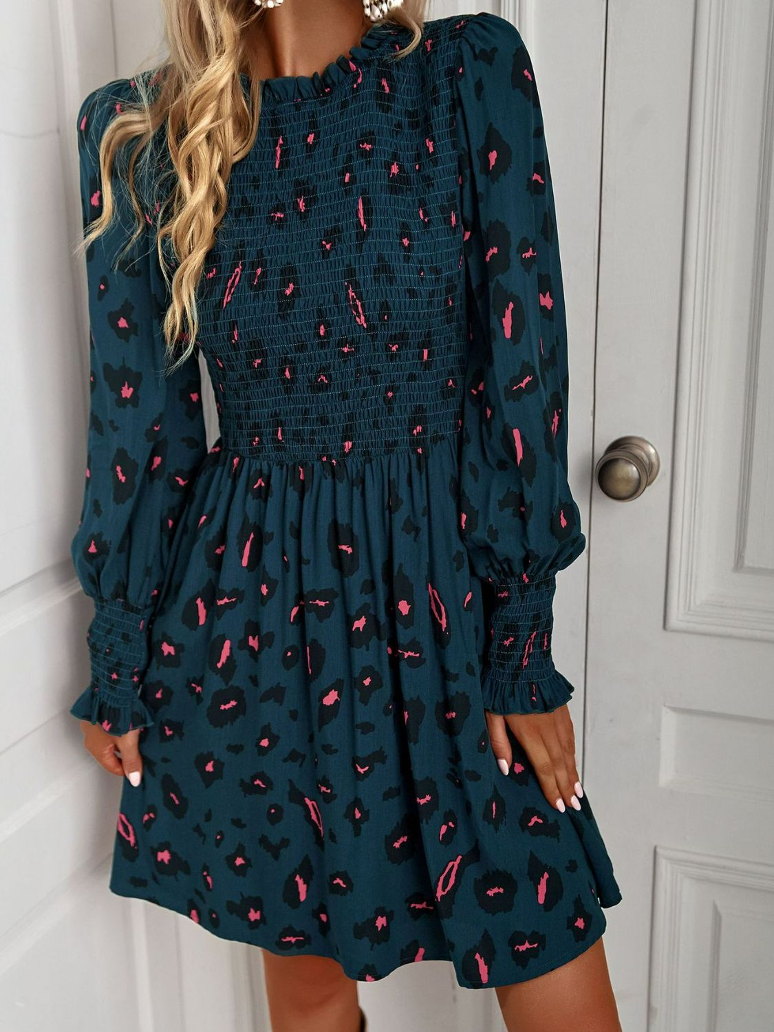 Fun Print Puff Long Sleeve Smocked Dress (4 Colors Available)