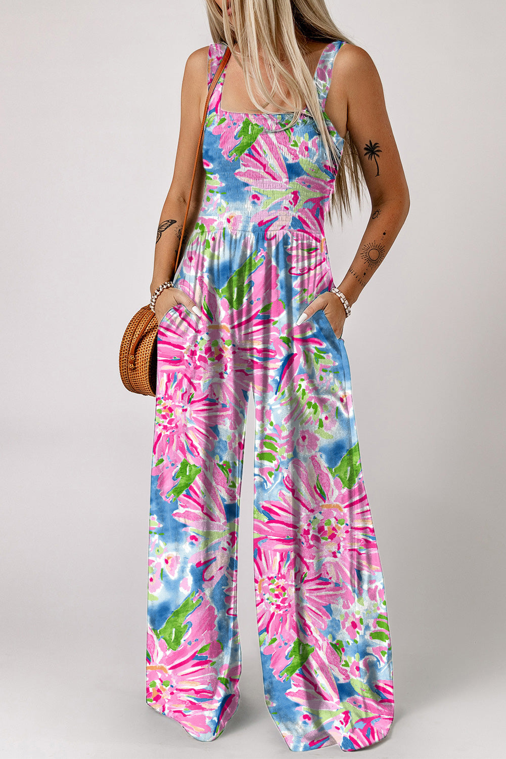 Palm Beach Floral Smock Sleeveless Wide Leg One Piece Pocket Pant Jumpsuit