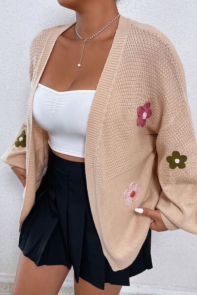 Oversized Crochet Daisy Flower Long Sleeve Open Front Waffle Knit Cardigan