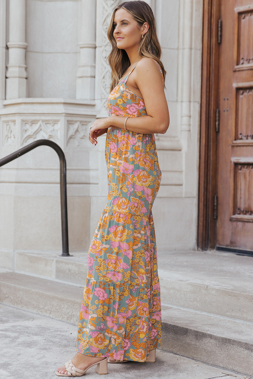 Retro 70s Floral Sleeveless V-Neck Tiered Wide Leg One Piece Pant Jumpsuit