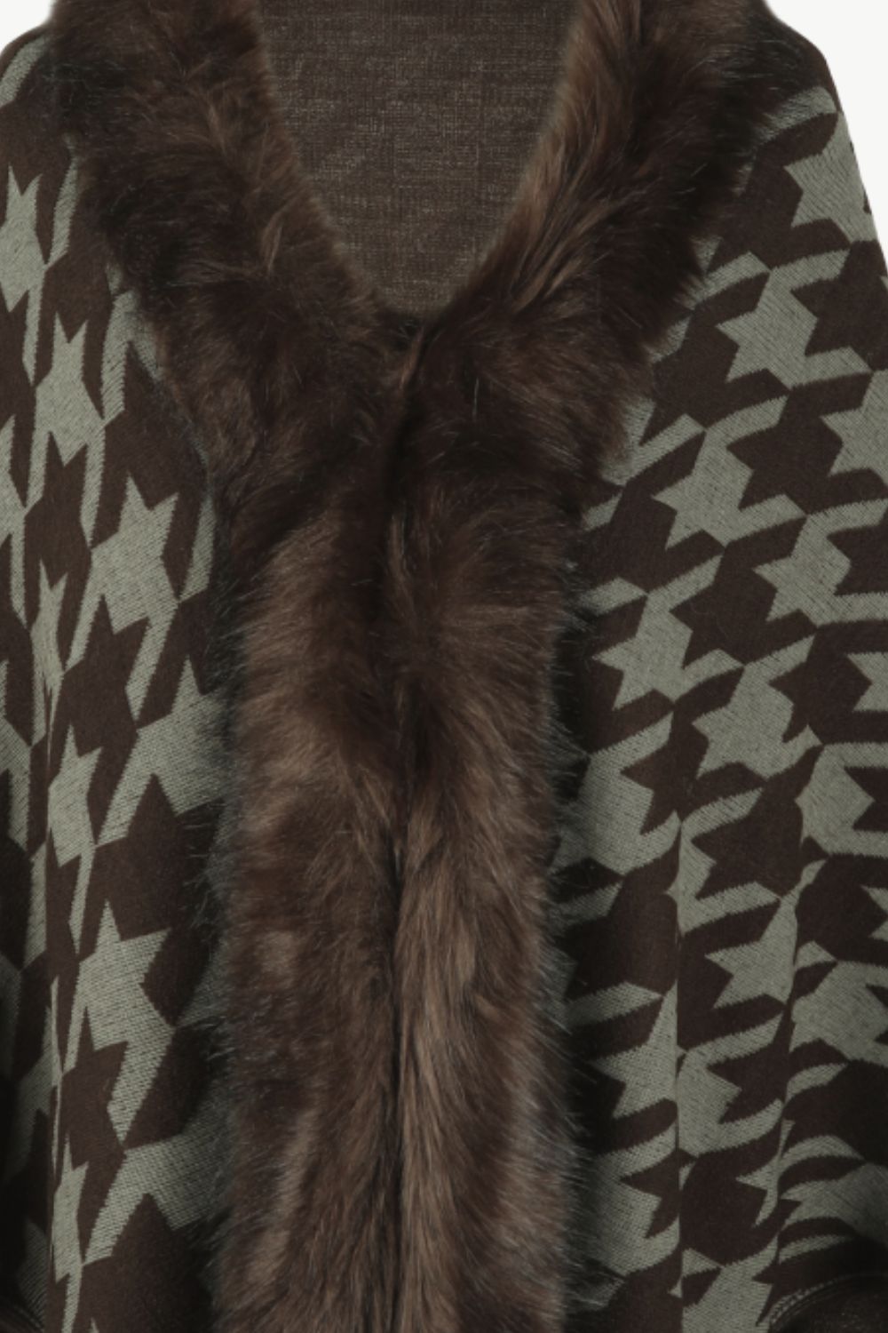 Faux Fur Retro Fringe Hem Oversized Houndstooth Knit Cardigan Poncho