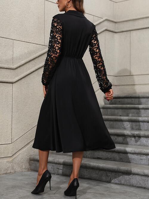 Elegant Crochet Lace Long Sleeve Classy Surplice V-Neck Midi Dress