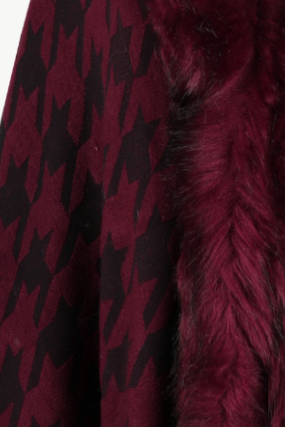 Faux Fur Retro Fringe Hem Oversized Houndstooth Knit Cardigan Poncho