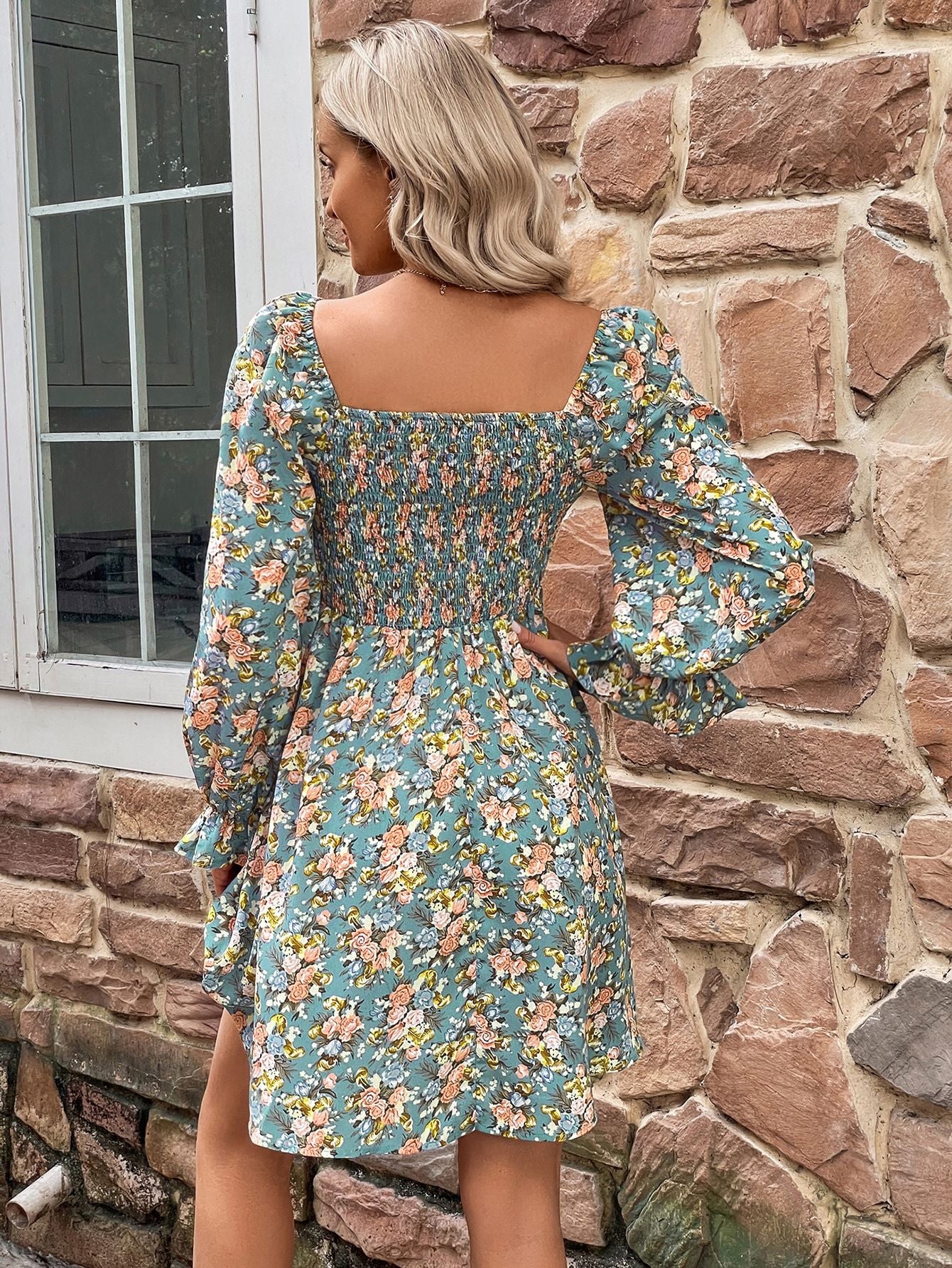 Retro Floral Print Square Neck Long-sleeve Smocked Bodice Mini Dress