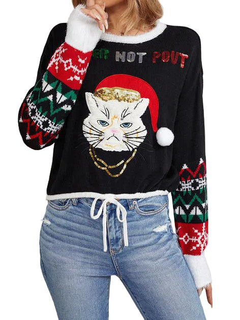 Sequin Christmas Angry Kitty Cat Drawstring Hem Long Sleeve Sweater