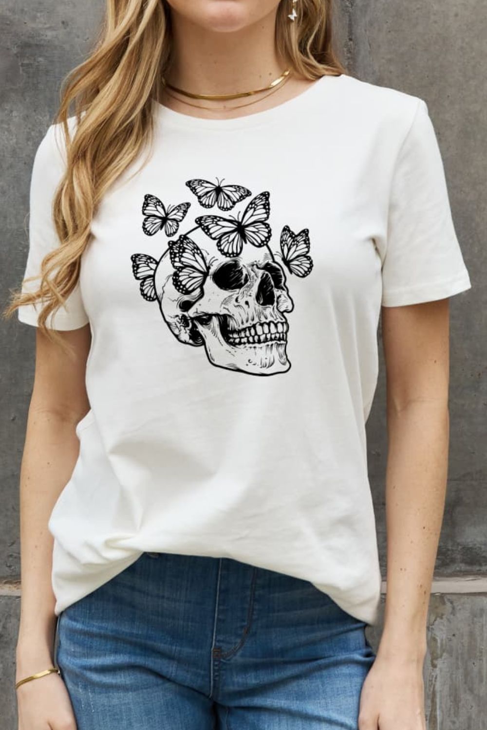 Skull Butterfly Contrasting Graphic 100% Cotton Short-sleeve Tee Shirt