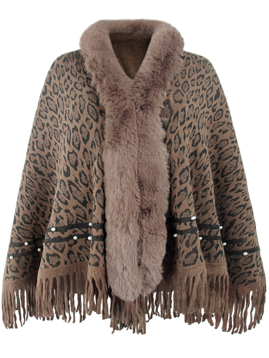 Leopard Faux Fur Beaded Retro Fringe Hem Knit Pullover Poncho