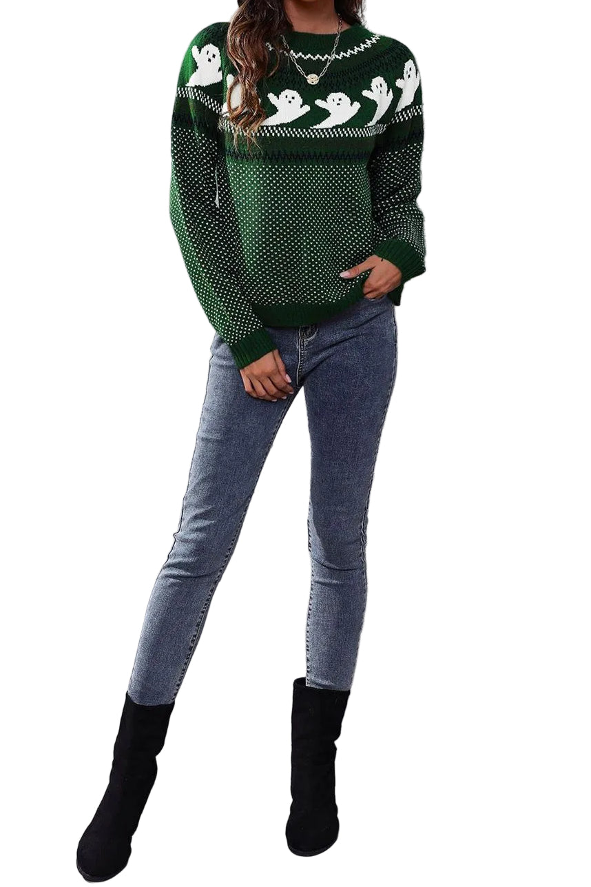 Ghost Fair Isle Nordic Crew Neck Top Long Sleeve Halloween Pullover Knit Sweater