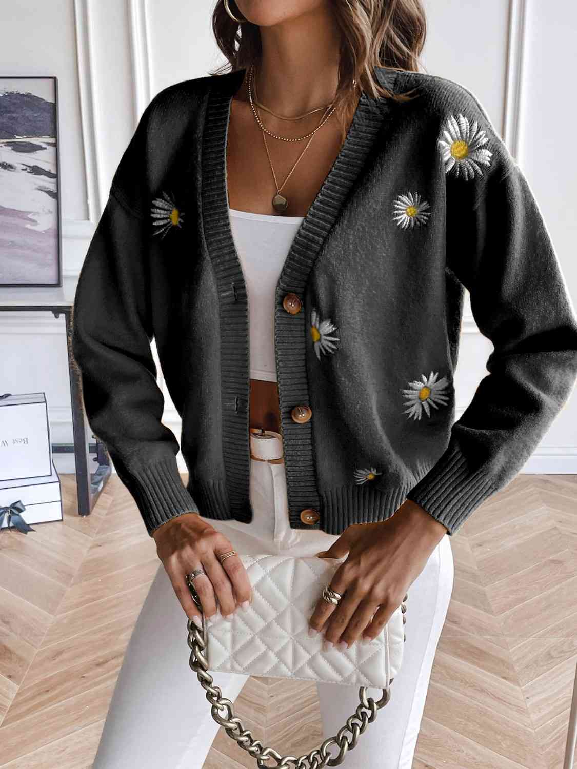 Embroidered Cropped Knit Button Front Retro Long Sleeve Soft Cardigan