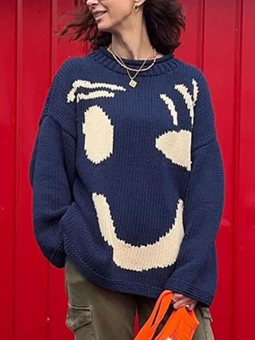 Knit Smiley Face Color Contrast Abstract Long Sleeve Oversized Pullover Sweater Top