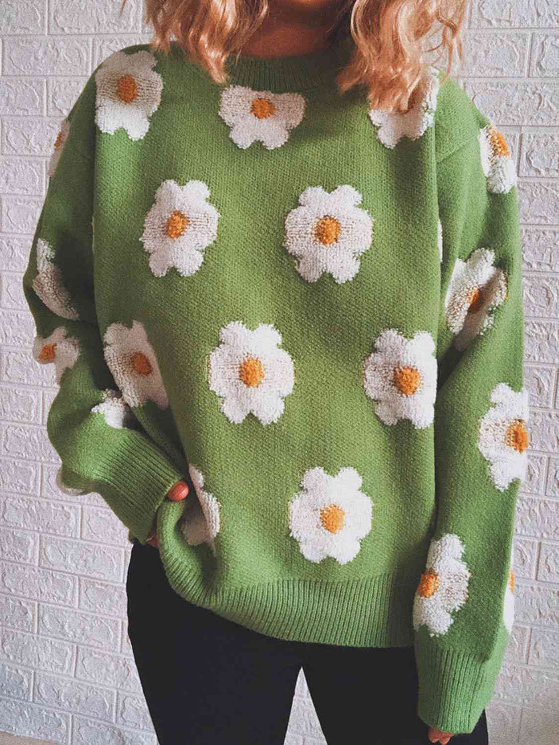 Contrasting Raised Retro Daisy Flower Pullover Long Sleeve Knit Sweater Shirt