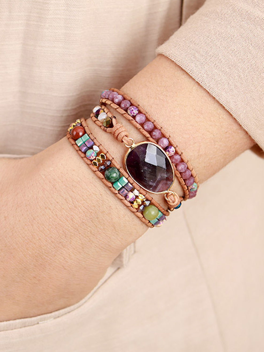 Natural Stone Amethyst Imperial Jasper Agate Multi-Strand Gemstone Wrap Bracelet