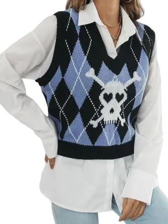 Heart Eye Skull Bone Argyle V-Neck Sleeveless Knit Spooky Sweater Vest