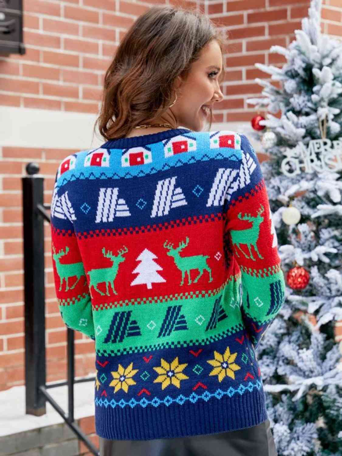 Knit Fair Isle Tree Reindeer Snowflake Bold Geometric Classic Winter Sweater
