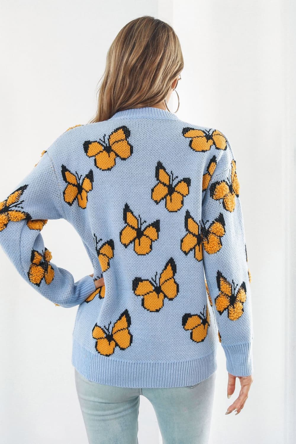 Fuzzy Monarch Butterfly Raised Shag Bold Colors Knit Pullover Sweater Shirt