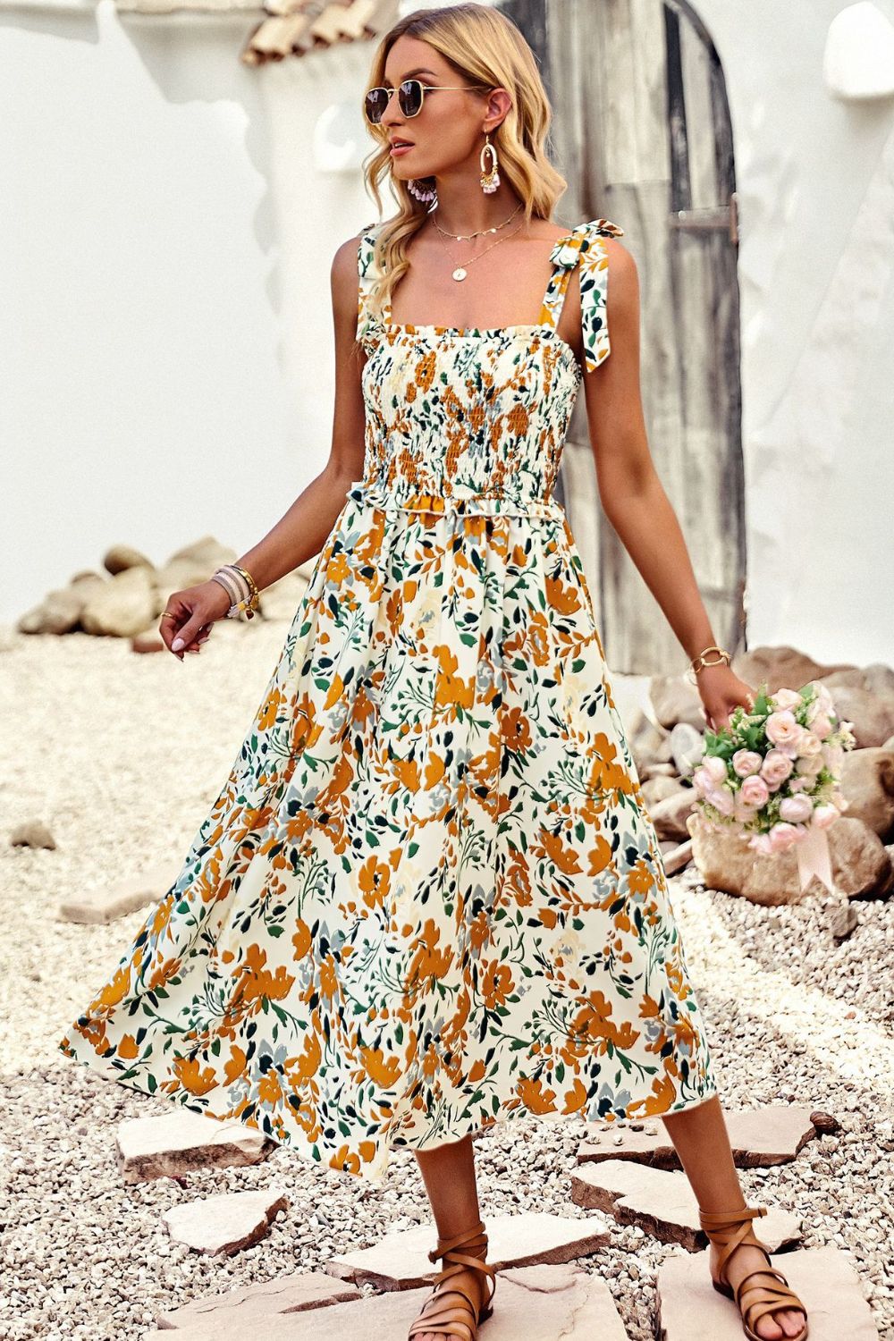 Colorful Bright Print Smocked Bodice Tie Shoulder Summer Midi Dress (5 colors Available)