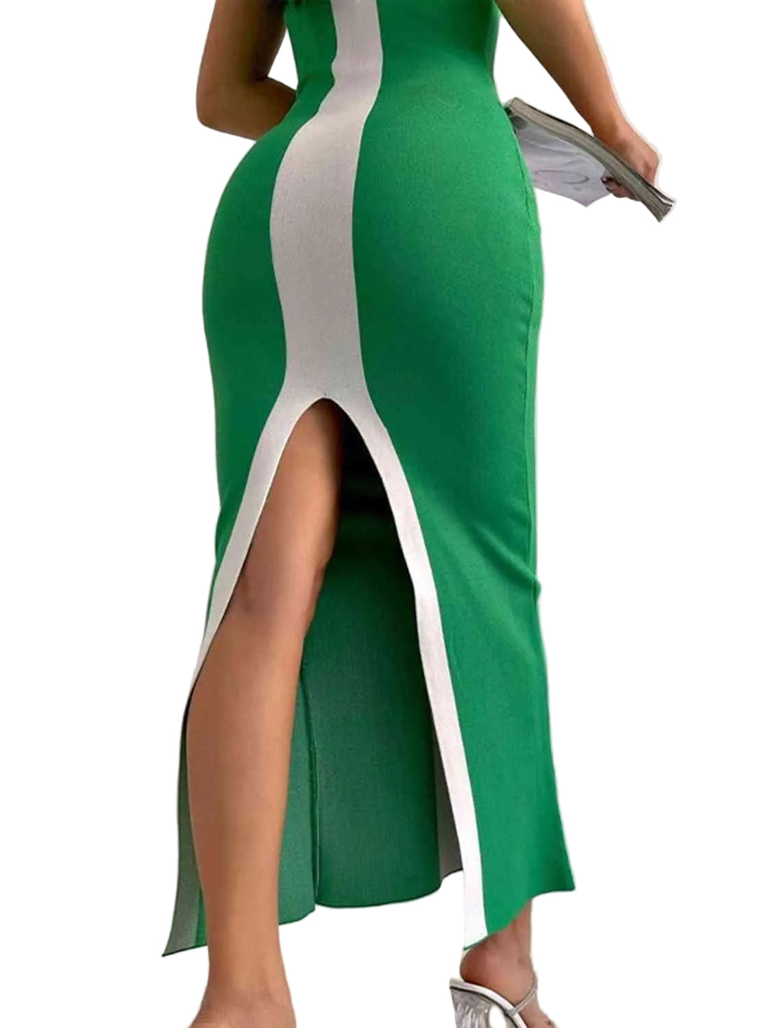 Contrast Colorblock Scoop Neck Fitted Sleeveless Bodycon Back Slit Midi Dress