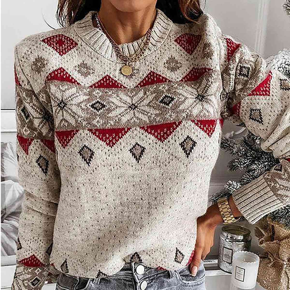 Geometric Fair Isle Contrasting Winter Snowflake Long Sleeve Minimalist Sweater