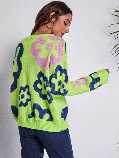 Funky Flower Knit Pullover Hippie Retro Daisy Long Sleeve Colorful Sweater Shirt