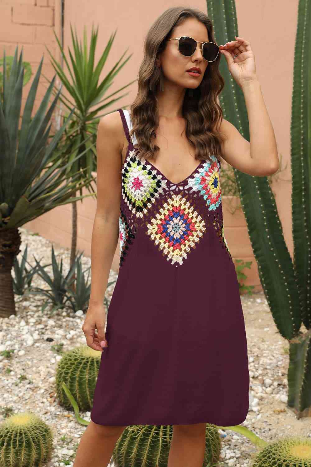 Granny Square Crochet Openwork Retro Swimwear Cover-Up Sleeveless Mini Dress