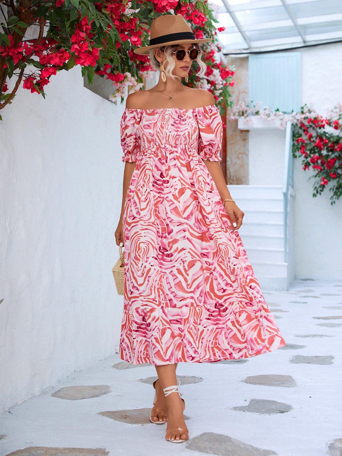 Off The Shoulder Smocked Bodice Flowing Midi Summer Dress