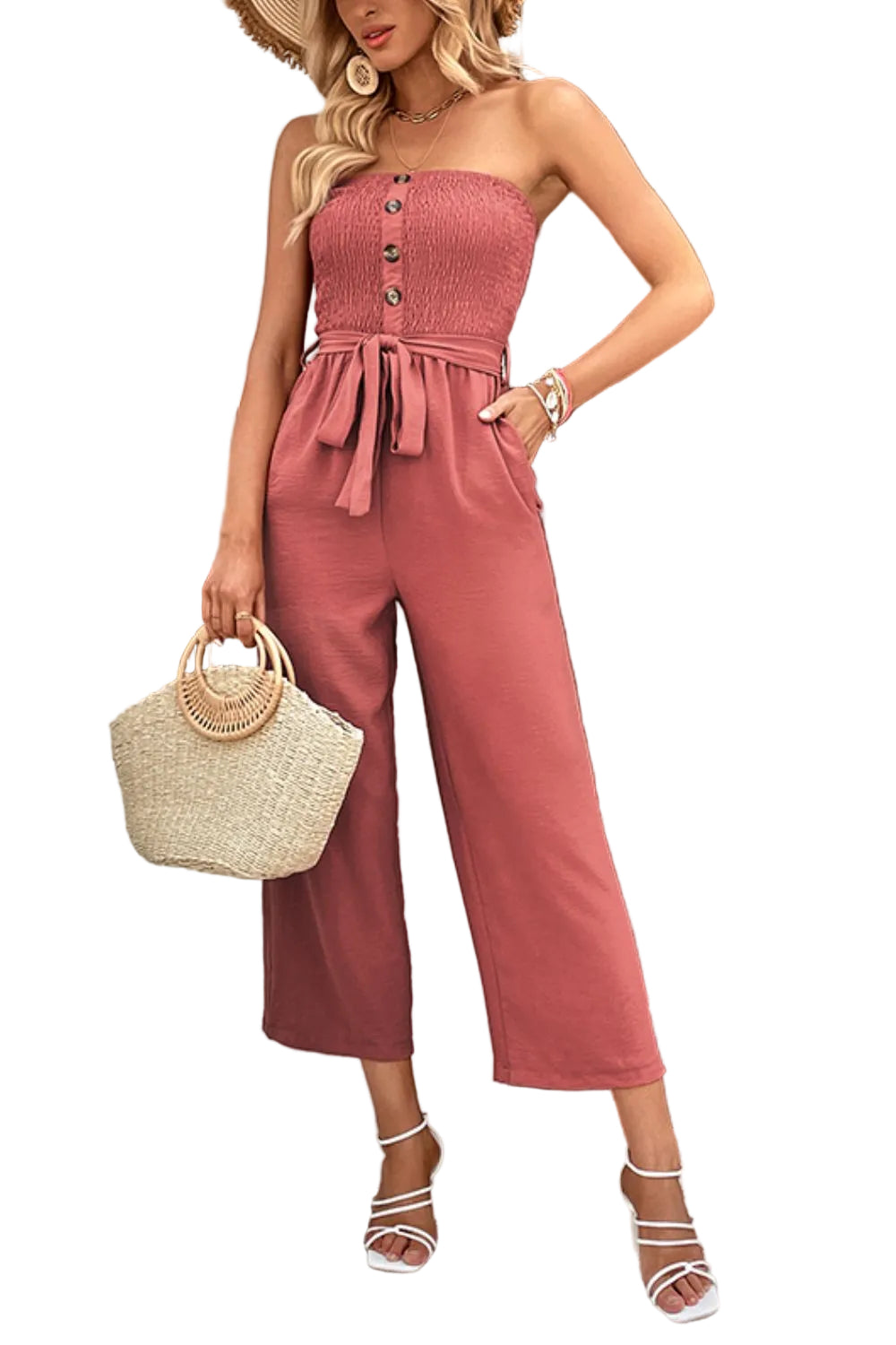 Strapless Smocked Bodice Button Belted Waist Cropped Pant Wide-Leg Jumpsuit