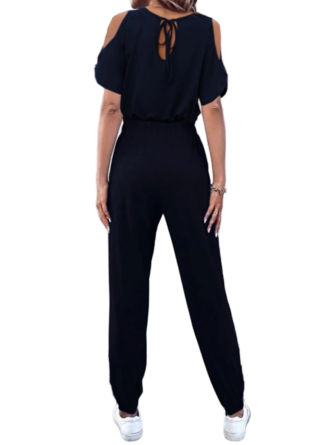 Cold-Shoulder Elastic Waist One-Piece Ankle Jogger V-Neck Pocket Jumpsuit