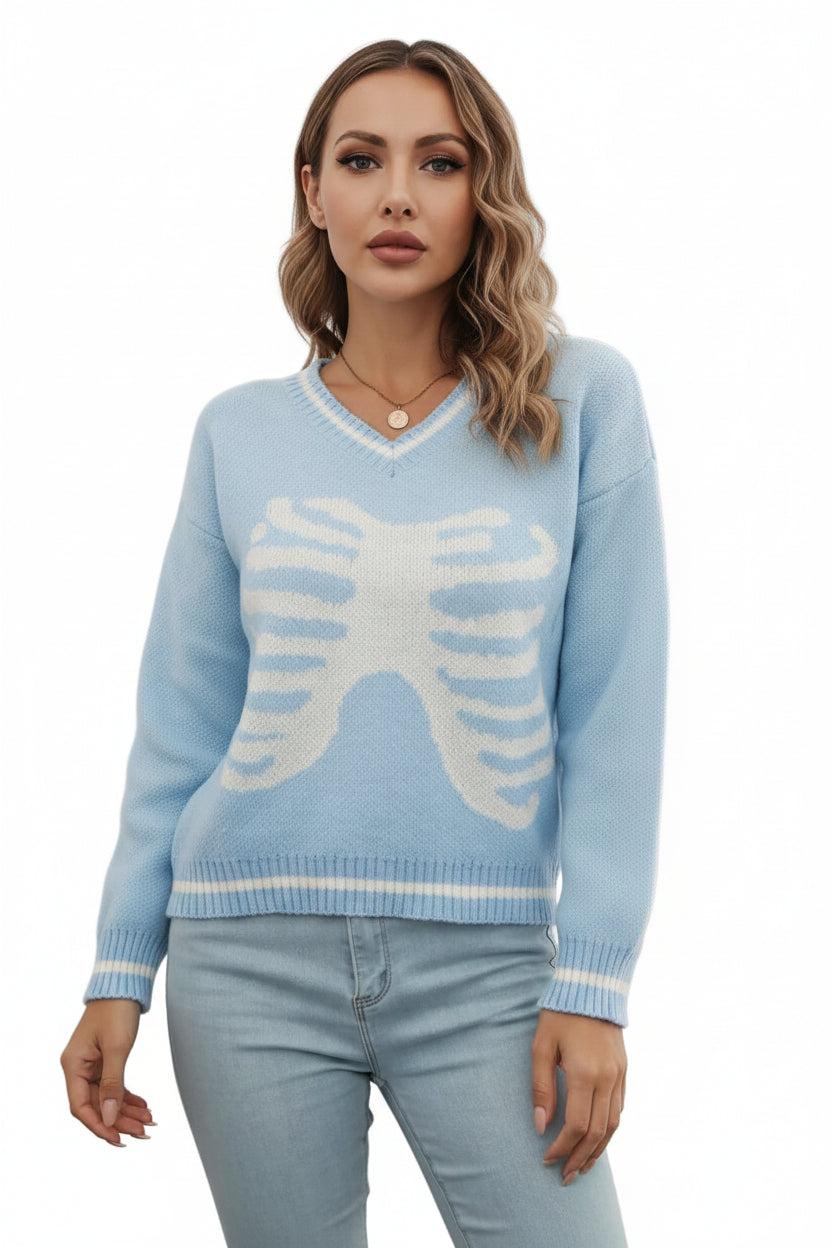 Skeleton Rib Cage V-Neck Top Long Sleeve Knit Pullover Sweater Halloween Grunge