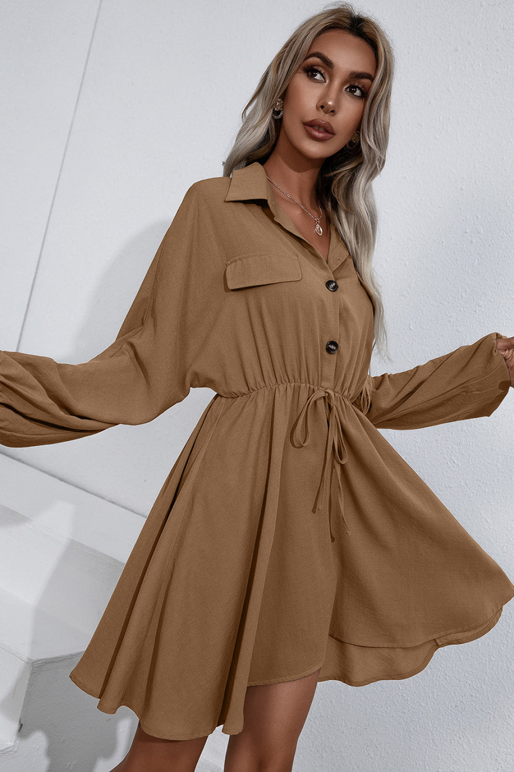 Oversized Button Front Collared Long Sleeve Shirt Dress
(4 Colors Available)