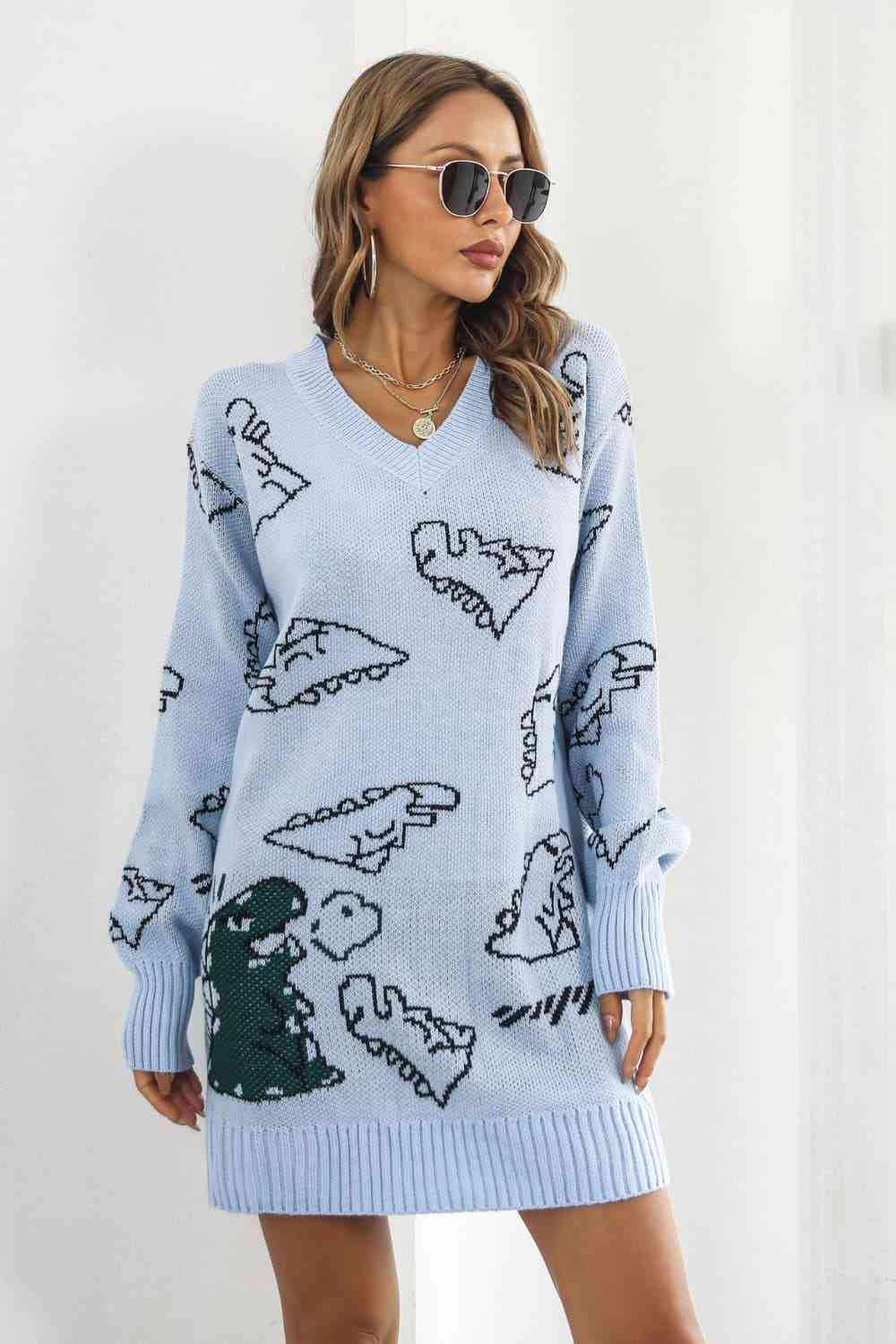 Dinosaur Knit Sweater Dress Round Neck Playful Long Sleeve Oversized Mini Pullover Fun Print