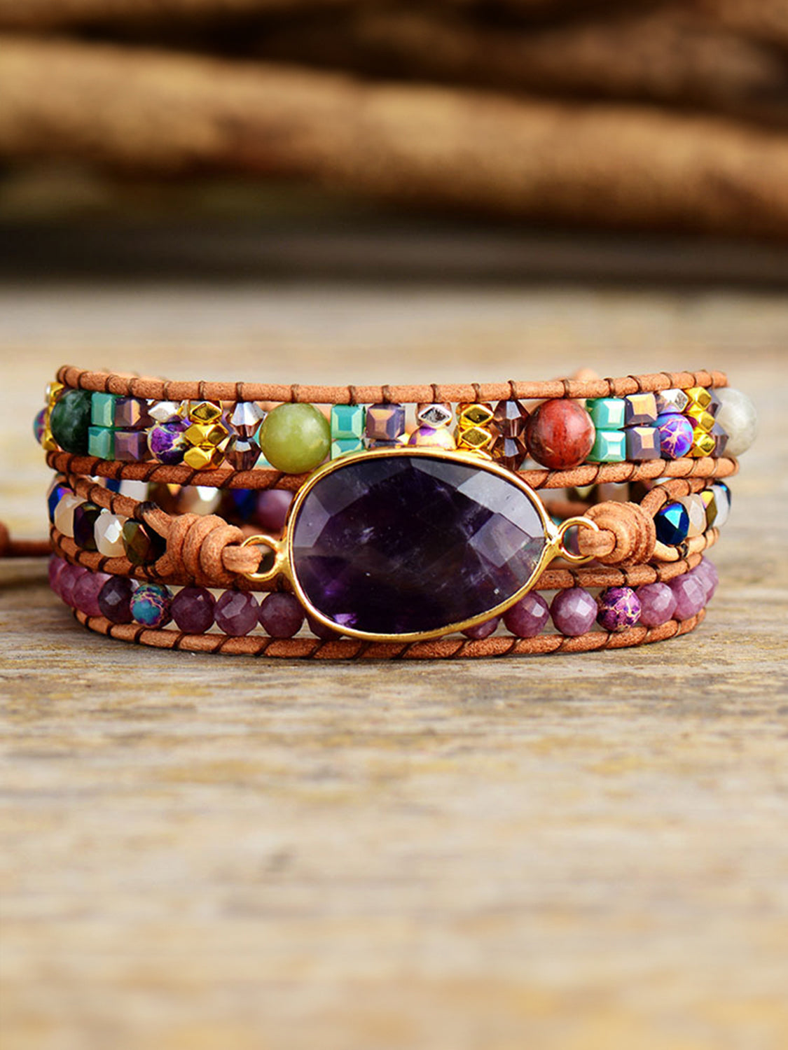 Natural Stone Amethyst Imperial Jasper Agate Multi-Strand Gemstone Wrap Bracelet