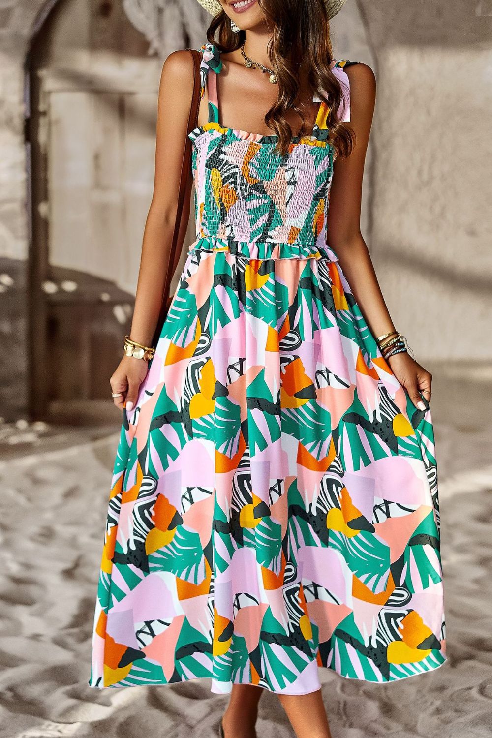 Colorful Bright Print Smocked Bodice Tie Shoulder Summer Midi Dress (5 colors Available)