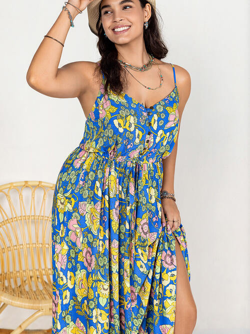 Hippie Maxi Dress Boho Sleeveless Button V-Neck Summer Retro Floral