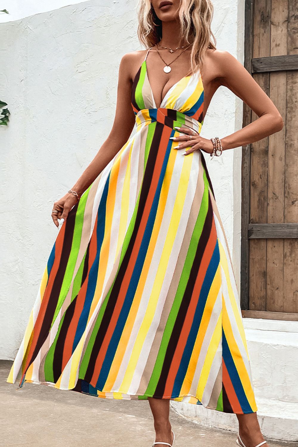 Bright Summer Stripe Backless Cross Tie Split Leg Maxi Dress (Plus Size Available)