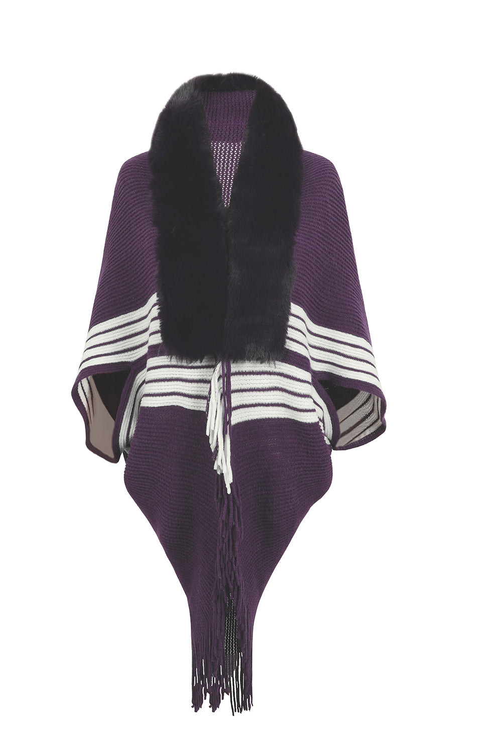 Faux Fur Fringe Hem Oversized Knit Stripe Cardigan Poncho