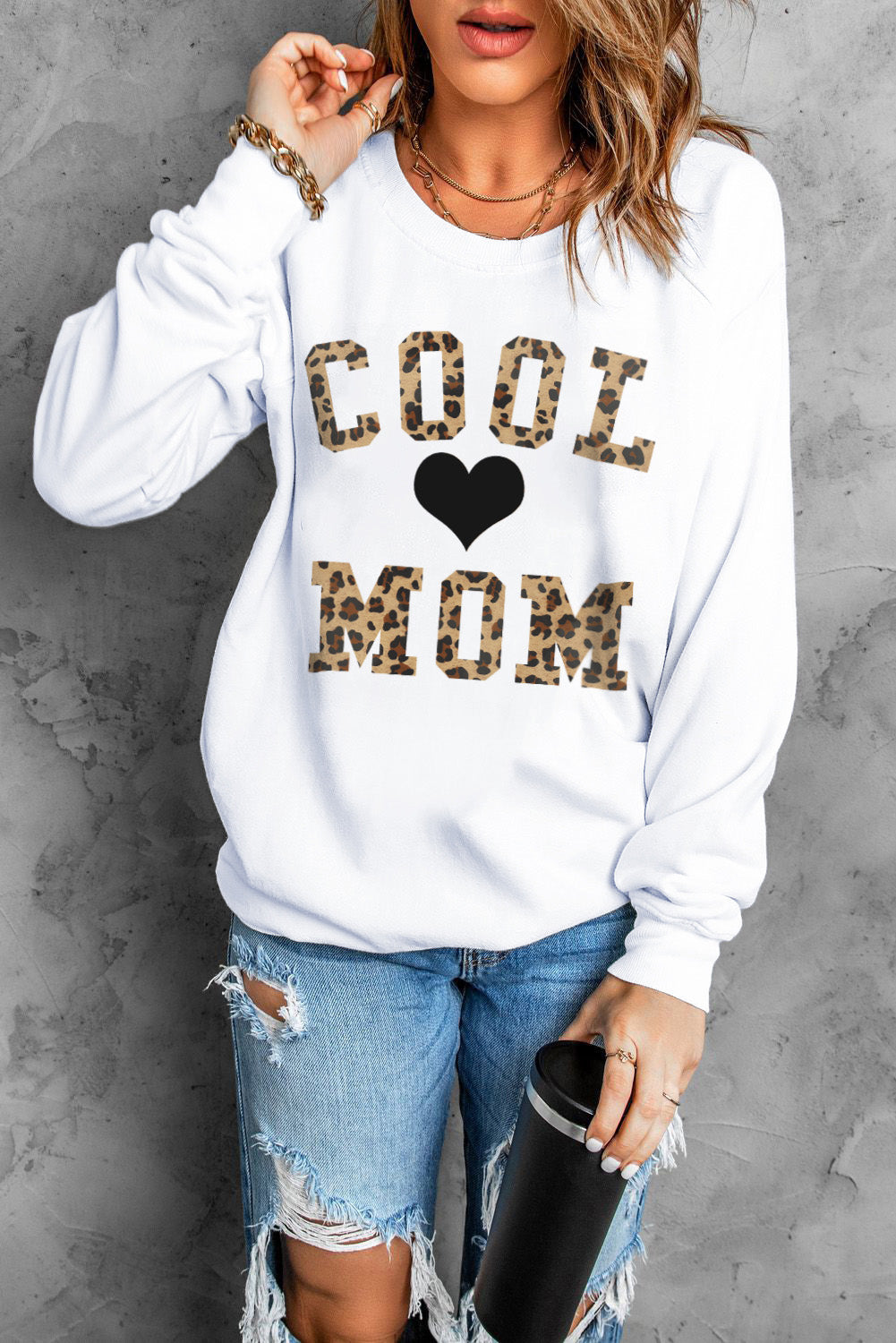Leopard COOL MOM Heart Graphic Topps Long-sleeve Pullover Sweatshirt